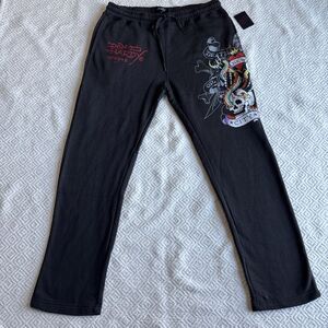 Ed Hardy Skull Logo Sweatpants L Charcoal Love Kills Slowly Retro Y2K NEW